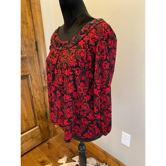 Covington Womens Blouse Size Large Red Black Embellished Neckline Dressy Flowy - Picture 3 of 11